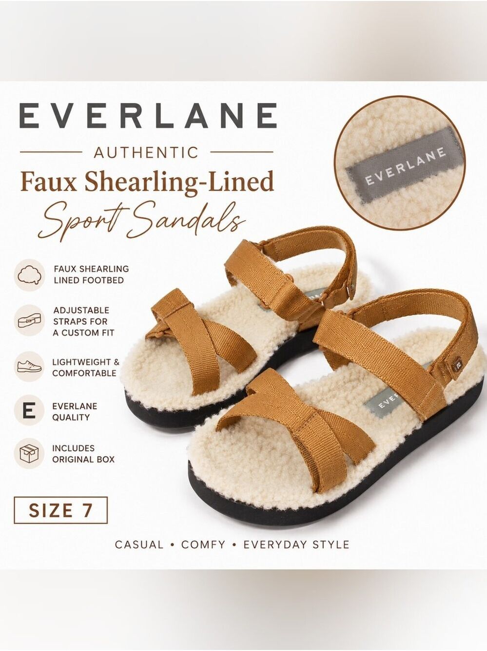 NIB Everlane Faux Shearling Lined Sport Teddy Sandals Tan Size 7 Cozy Comfort